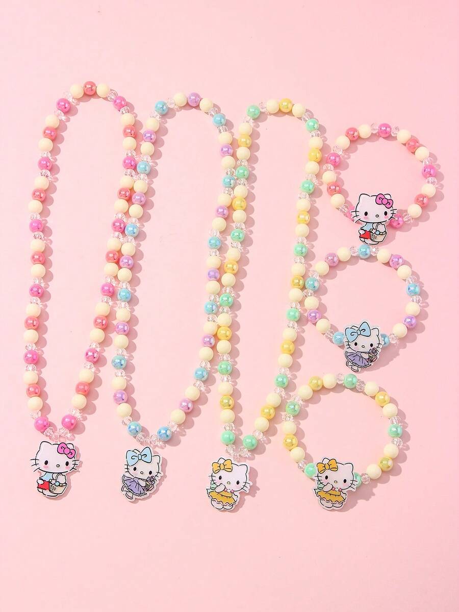2件組 Sanrio 可愛小貓吊飾串珠手鍊、手鐲、項鍊套組,適合假期派對、學校,女孩生日禮物 - 彩色 - 查看 1