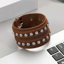 Pulseiras de Couro Legítimo com Punho Punk Metal Rock para Homens e Mulheres, Pulseiras com Contas de Metal, Pulseiras Ajustáveis Envolventes - Castanho - Visão 5