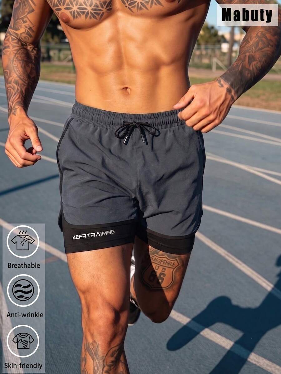 Unisex 2-In-1 Running Shorts With Built-In Liner, Adjustable Drawstring Waist Men Shorts,Gym Training Shorts For Fitness Jogging Casual Sports