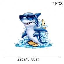 1/2/3pcs Surf Fashion Glasses Shark Heat Transfer Iron-On Patch, Cartoon Cool Shark DIY Heat Transfer Sticker, Suitable For Clothing, T-Shirt Making, Pillow Decoration And Apparel Items And Applique - Multicolor - View 2