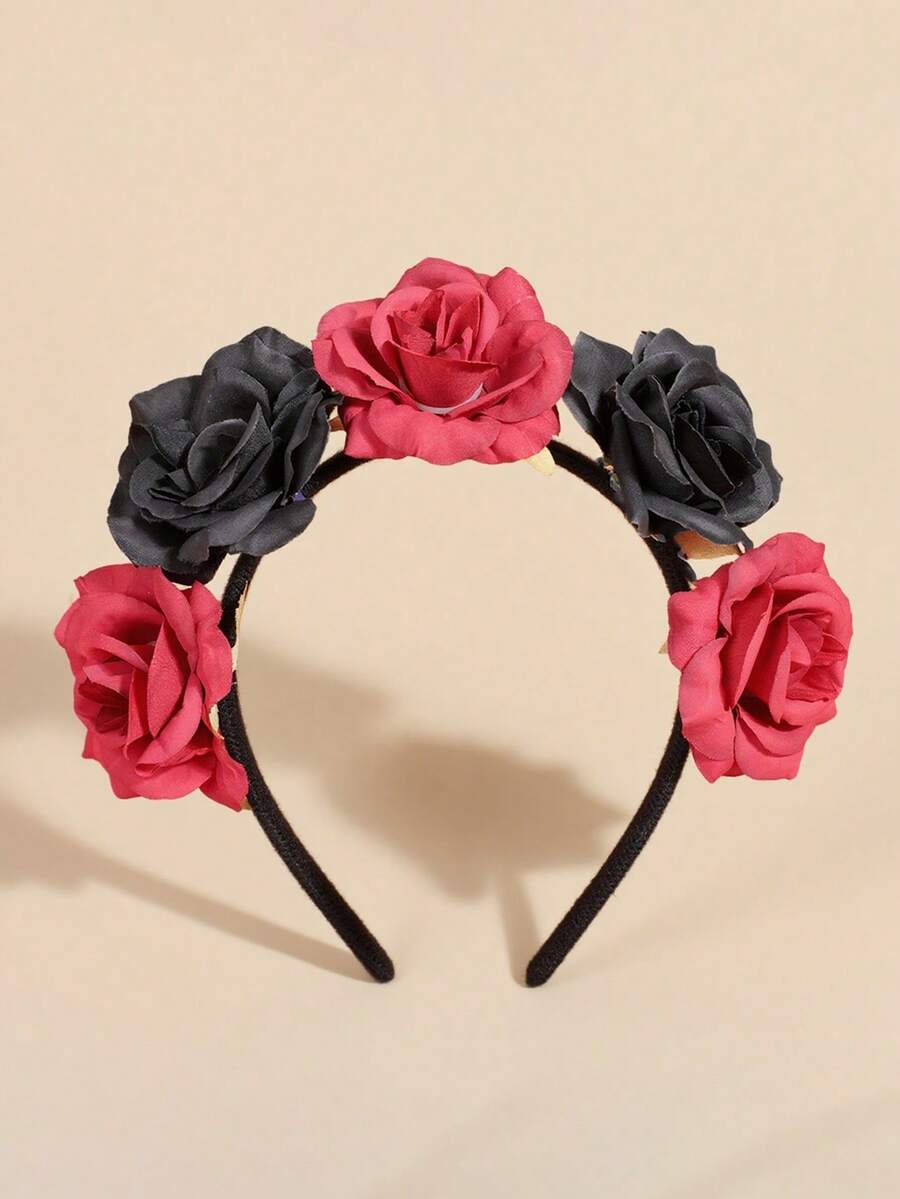 1pc Street Elegant New Luxury Handmade Beaded Exquisite Deep Sea Blue Rhinestone Headband High-End French Vintage Banquet Hair Accessory Hairband - Black and Red - View 1