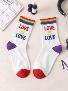 1/3 Pairs Black LGBTQ Pride Mid-Calf Socks, Rainbow Gradient Letter Print, Striped Cuff Knit Casual Streetwear Crew Socks - Multicolor - View 8