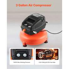 3 Gallon Air Compressor, 1/3HP 0.54CFM @ 90PSI Portable Pancake Air Compressor & 100PSI Max Working Pressure, Oil-Free Compressor Tank For Tire Inflation, Spray Painting, Woodwork Nailing, 120V - Orange - View 2
