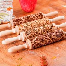 1 Pcs Wooden Sunflower Embossed Rolling Pin With Pattern For Kitchen Pastry, Baking Tools, Deep Engraving Cookies Stamp Tool - Style 011 - View 4