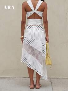 ARA CHIC Women's White Polka Dot Lace Trim Asymmetric Skirt, Breathable Flowy Skirt, Beach Vacation Outfit - Black and White - View 7