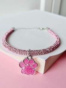 1 pieza Collar con colgante de huella de pata, uso cómodo y ajustable, colgante de aleación con gota de aceite engarzado en garra, cadena de tubo redondo con strass brillante, lujoso y casual, exquisito y versátil, adecuado para gatos y perros - Rosa - Ver 1