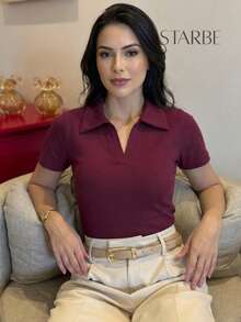 Women's Casual Elegant Short-Sleeve Cotton Polo Shirt, Fitted, Ideal For Work, Office, Social, Basic, Or Casual Wear. - 酒紅色 - 查看 1