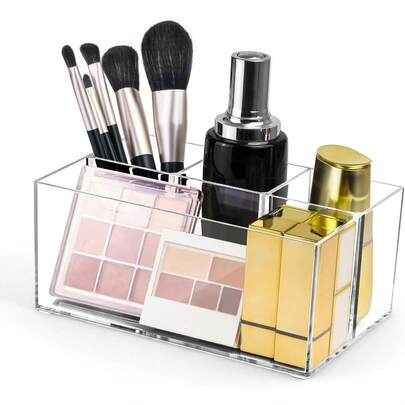 - Organizador transparente para brochas de maquillaje, organizador de maquillaje de 4 ranuras para paletas y pinceles