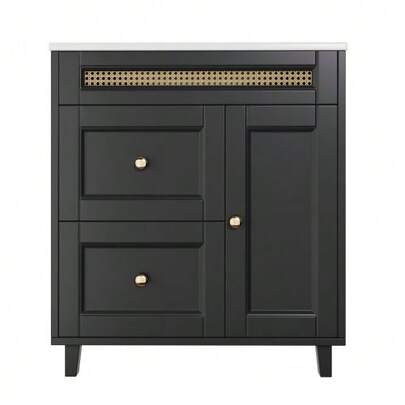 Freestanding Bathroom Vanity Unit 76x46x86.5cm, Double Silent Drawer Slides, Cabinet Doors With Soft-Close Function, Gold Handles And Rattan Decorations, Ceramic Washbasin, Black.