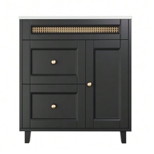 Freestanding Bathroom Vanity Unit 76x46x86.5cm, Double Silent Drawer Slides, Cabinet Doors With Soft-Close Function, Gold Handles And Rattan Decorations, Ceramic Washbasin, Black.