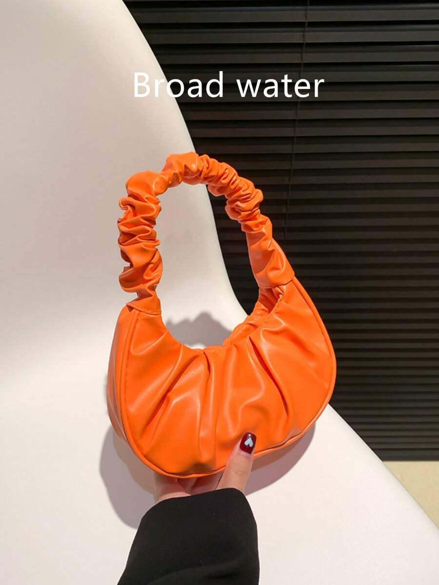 Mini Solid Color Pleated Handbag For Women, Cloud & Crescent Moon Shaped - Orange - View 1