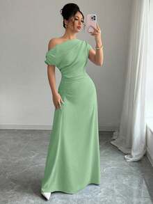 Vestido Midi Elegante para Mujer , Color Sólido, Cuello Asimétrico, Cintura con Volantes, para Oficina, Casual y Fiesta - Verde - Ver 1
