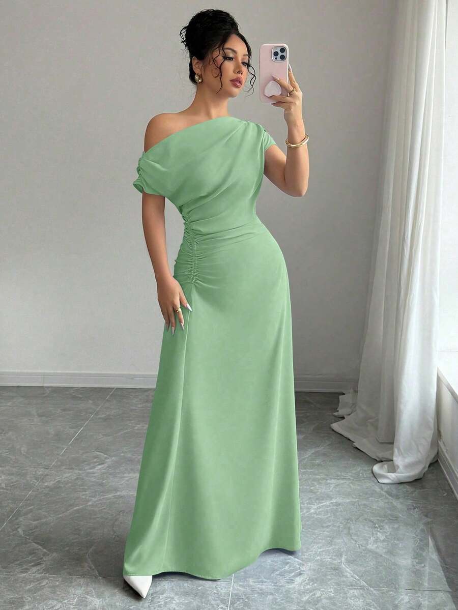 Vestido Midi Elegante para Mujer , Color Sólido, Cuello Asimétrico, Cintura con Volantes, para Oficina, Casual y Fiesta - Verde - Ver 1