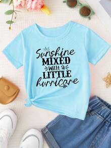 Camiseta Casual de Manga Corta con Estampado de Letras Sencillas "Girl Sunshine MIXED with a LITTLE Hurricane" - Versátil - Azul - Ver 2