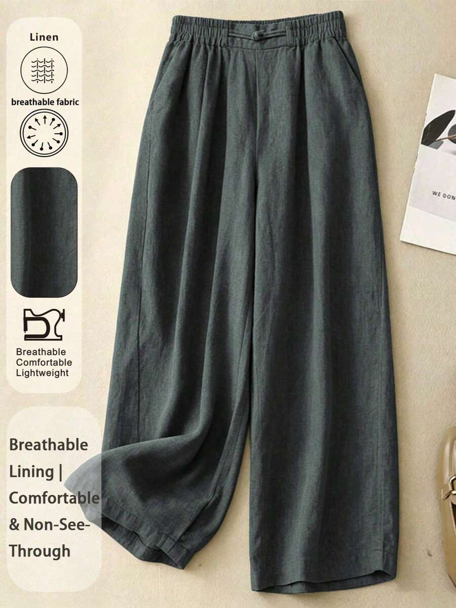 Celana Linen Wanita dengan Pinggang Elastis, Celana Kasual dengan Detail Kancing Jahitan Tangan yang Bernapas, Cocok untuk Musim Semi, Musim Panas, dan Musim Gugur - Dark Grey - View 1