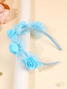 1pc Blue Lace Headband For Girls Flower Hairband Faux Pearl Hair Hoop Elegant Headwear Wedding Party Vacation Gift Headdress Teens Hair Accessories - Blue - View 1