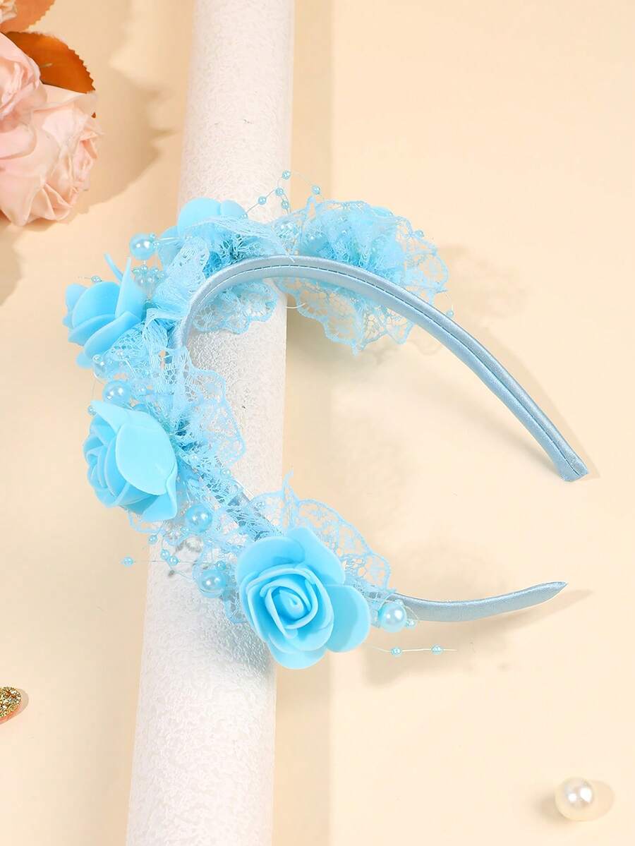 1pc Blue Lace Headband For Girls Flower Hairband Faux Pearl Hair Hoop Elegant Headwear Wedding Party Vacation Gift Headdress Teens Hair Accessories - Blue - View 1