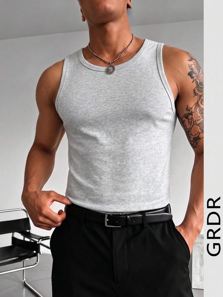 GRDR Men's Summer Sleeveless Solid Color Slim Fit Tank Top, Versatile For Sports & Casual Wear - Light Grey - View 2