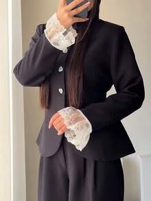 Women's Elegant Commuter Blazer With Padded Shoulders, Solid Color Lace Patchwork Front Button Metal Buttons Pearl Office Daily Date Black Fall - Black - View 4