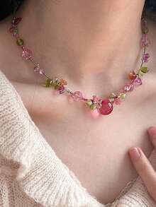 1 buah Kalung Manik-Manik Bentuk Tetesan Air Manis untuk Wanita, Kalung Choker Manik-Manik Motif Buah Mawar Merah Musim Panas - Berwarna merah muda - View 4