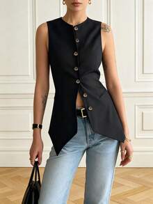 High-End Tailored Waist-Cinching Asymmetric Hem Round Neck Single-Breasted Sleeveless Commuter Vest Summer - Black - View 2