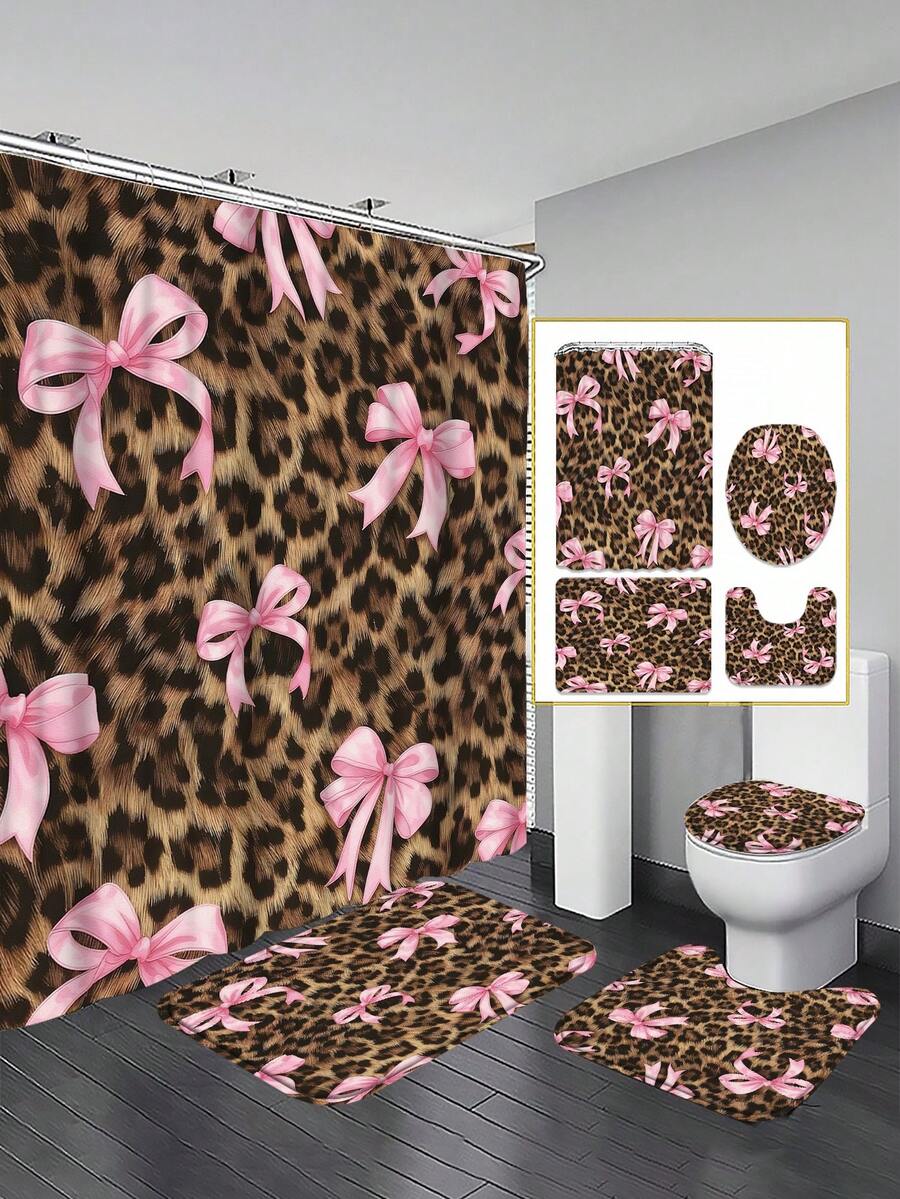 4PCS Leopard Print Base Pink Bow Sweet Cool Bathroom Set, Including Shower Curtain, U-Shaped Toilet Seat, Non Slip Floor Mat, Toilet Seat Cushion, With 12 Shower Curtain Hooks, 250th Anniversary Celebration, Holidays - A - View 1