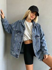 Classic Women's Denim Jacket Suitable For All Seasons. 100% Pure Cotton Vintage Washed Jacket. Loose Fit, Versatile And Casual Top - Dark Denim Blue - View 5