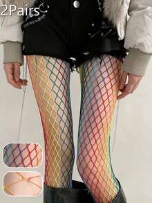 Rainbow Gradient Fishnet Thigh High Stockings, Colorful Hollow Mesh Over-The-Knee Socks, Fashion Nightclub Party Cosplay Women's Hosiery, 1/2 Pairs - Multicolor - View 20