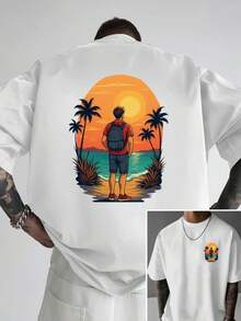 Camiseta de hombre con hombros caídos, camiseta holgada con estampado de doble cara para disfrutar de las puestas de sol en la playa y las vacaciones junto al mar, nueva ropa de hombre a la - Negro - Ver 7