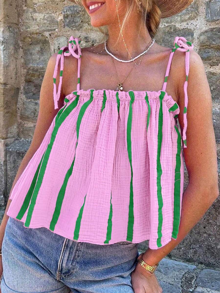 Neues modisches elegantes Knoten-Rüschen-Plissee-Lässig-Top für Strand, Urlaub, Alltag und Reisen, für alle Jahreszeiten, Sommer - Rosa und grüne Streifen - Übersicht 1