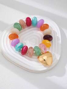 1 Peça Pulseira Elástica com Contas Multicoloridas Feita à Mão, Pulseira com Contas Redondas de Acrílico com Pingente de Coração Banhado a Ouro, Joia de Destaque Empilhável para Mulheres - Multicolorido - Visão 20