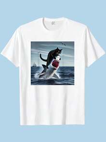 Camiseta de Hombre con Estampado de Gato Montando Tiburón, Diseño Divertido y Creativo, Ropa Casual Estilo Urbano para Regalo - Blanco - Ver 1