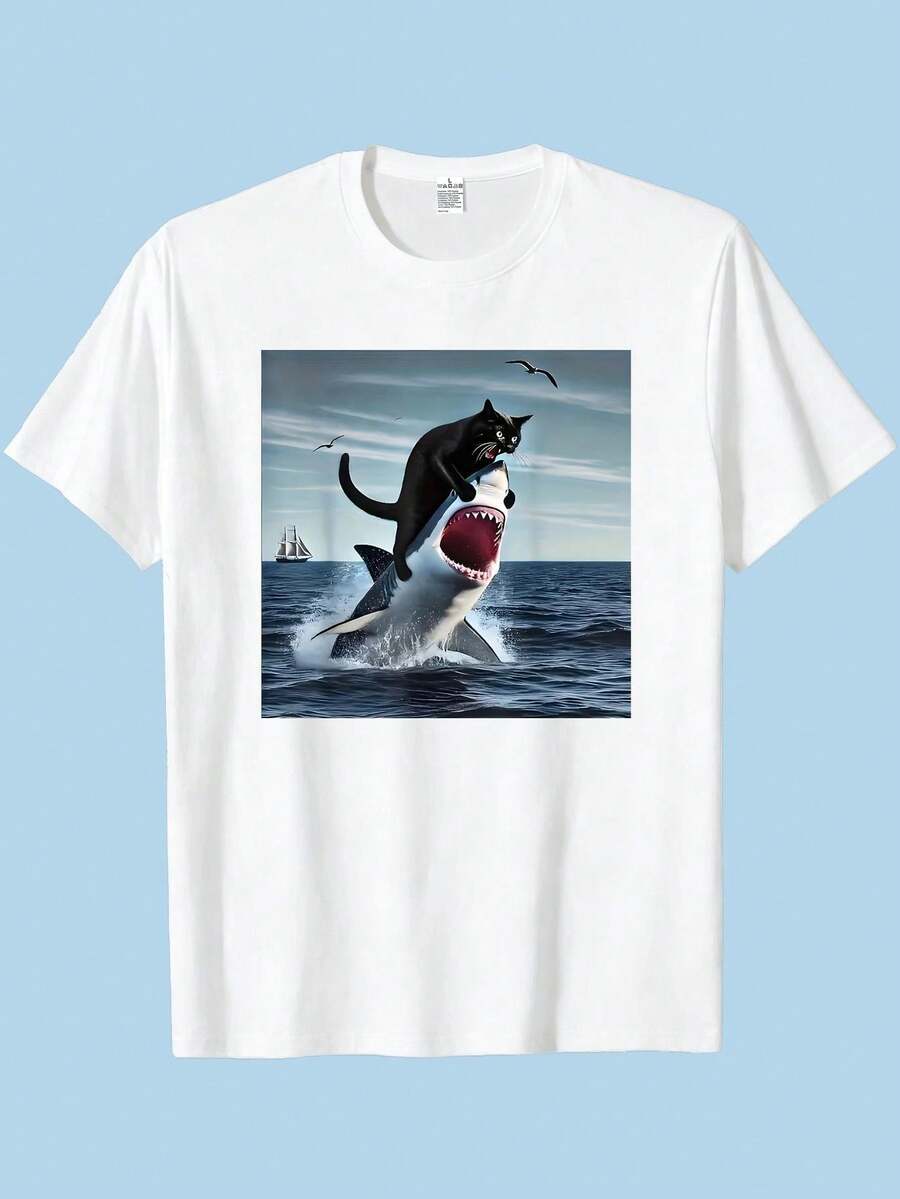 Camiseta de Hombre con Estampado de Gato Montando Tiburón, Diseño Divertido y Creativo, Ropa Casual Estilo Urbano para Regalo - Blanco - Ver 1