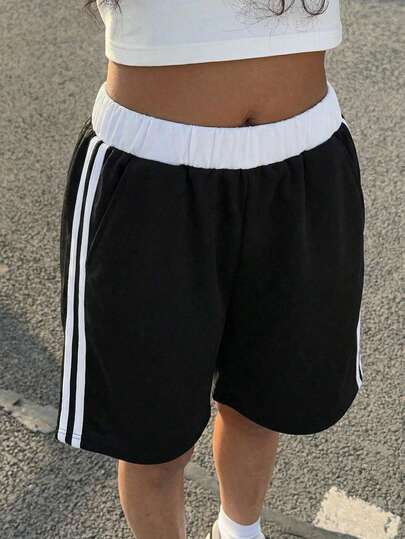1pc Girls' Casual Elastic Waist Colorblock Shorts, Knee Length, Suitable For Outdoor Wear In Spring, Autumn And Winter