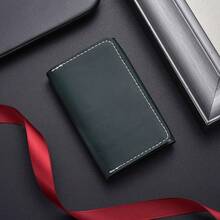 1 Piece Men's Solid Dark Green Bifold Wallet, Smooth Plain Surface Contrast White Stitched Edge Foldable Multi Card Cash Storage Purse For Business Da - Multicolor - View 1
