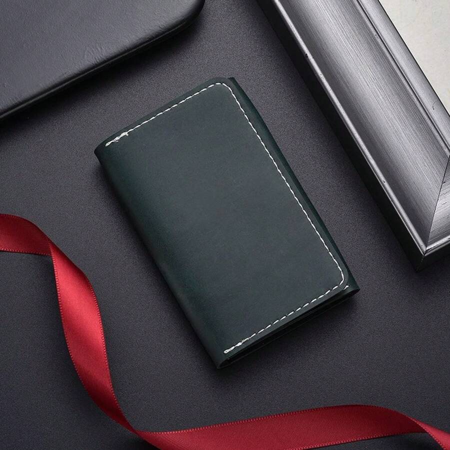 1 Piece Men's Solid Dark Green Bifold Wallet, Smooth Plain Surface Contrast White Stitched Edge Foldable Multi Card Cash Storage Purse For Business Da - Multicolor - View 1