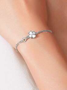 1pc S925 Sterling Silver Romantic Lucky Four-Leaf Clover Double Layer Bracelet, Minimalist Classic Design, Fresh Gentle Elegant High-End Versatile Women's Jewelry, Suitable For Daily Wear Exquisite Fashion Accessory, Perfect Gift - Four-leaf Clover - View 2