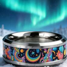 1 pieza Anillo de acero inoxidable de 8mm estilo iridiscente oceánico, collar con incrustación de ópalo de cielo estrellado con nubes arcoíris, diseño de tema oceánico, adecuado para compras diarias y regalo para mujeres - Multicolor - Ver 2