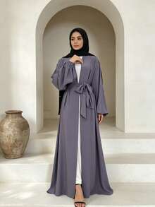 Open Front Abaya With Belt, Elastic Cuffs Modest Muslim Dress, Casual Dubai Style Islamic Clothing - Multicolor - View 8