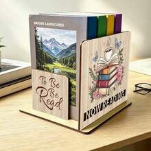 1 Set Wooden Bookshelf With Coffee And Book Floral Print, Desktop Storage And Book Lover Gift, Natural Wood Aesthetic Bookend, Compact Home Book Storage, Floral Butterfly Book Organizer And Reader Gift - Multicolor - View 6
