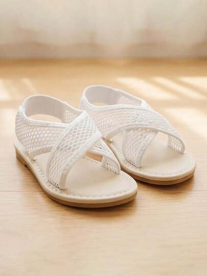 3-12y☀️ Girls Summer Mesh Sandals [Hollow Cross Strap Soft Sole Walker] White Casual Daycare Beach Flats For Kids