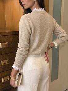 Women's Round Neck Loose Fit Long Sleeve Knit Top, Lace Trim 2 In 1, Solid Color Sweater, Suitable For Office Commute, Autumn/Winter Style - Apricot - View 4