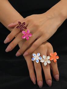 1pc Women's Enamel Geometric Flower Ring - Five-petal Flower Ring - View 1