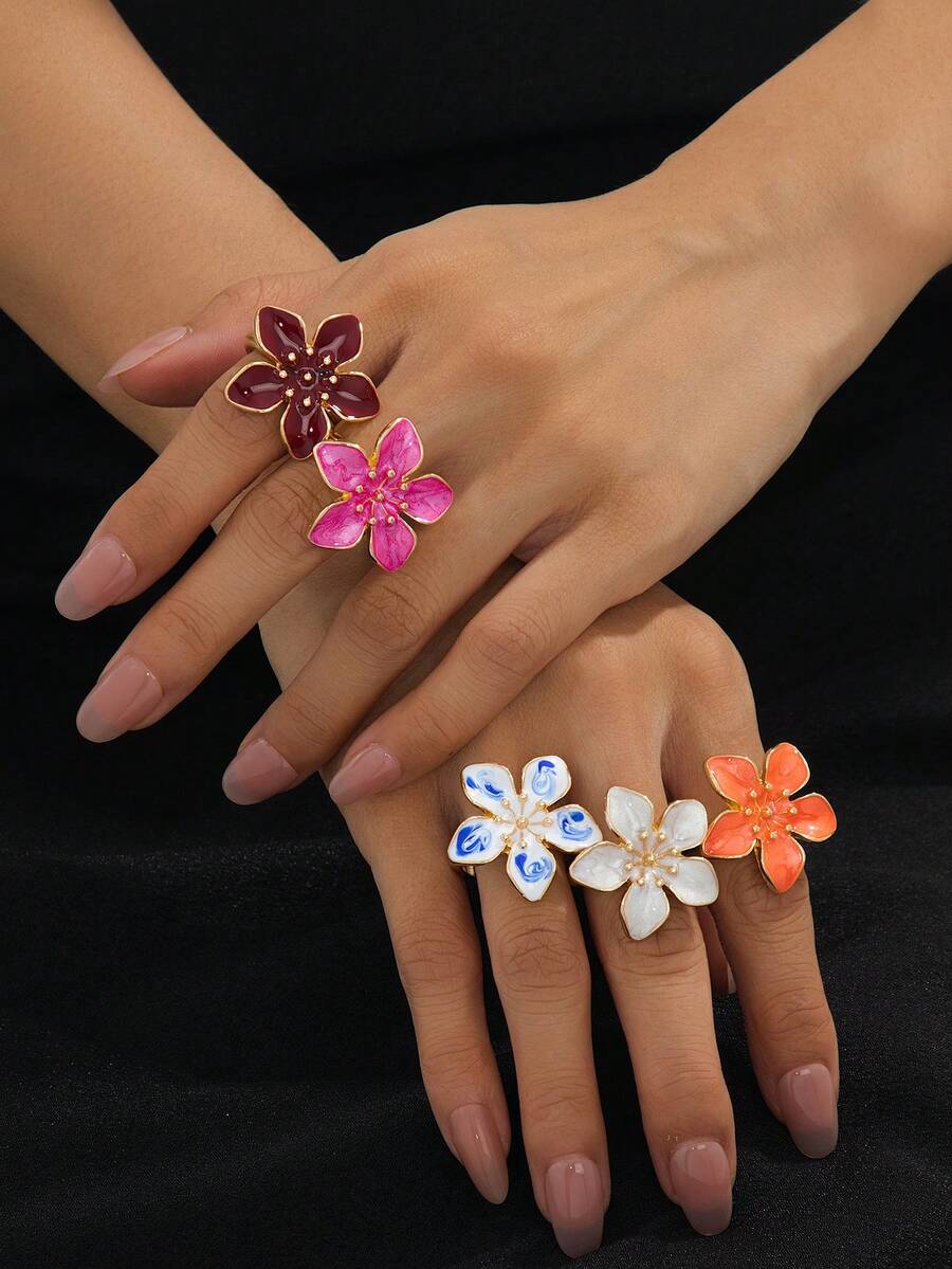 1pc Women's Enamel Geometric Flower Ring - Five-petal Flower Ring - View 1