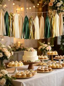 1pc Sage Green & Gold Tassel Garland Tulle Tassel Banner Set, Teal Tassel Garland, Teal & Gold Birthday Party Decor, Suitable For Wedding And Party Birthday Supplies - K - View 4