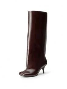 Women's Knee High Boots Square Toe Stiletto Heel Wide Calf Slouchy Boot  Fashion Comfort  Long Tall Boots Fashion Women Shoes - 酒紅色 - 查看 6