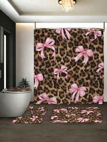 4PCS Leopard Print Base Pink Bow Sweet Cool Bathroom Set, Including Shower Curtain, U-Shaped Toilet Seat, Non Slip Floor Mat, Toilet Seat Cushion, With 12 Shower Curtain Hooks, 250th Anniversary Celebration, Holidays - A - View 2
