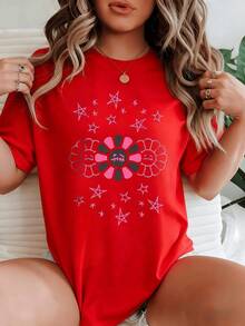 Conjuntos Diarios Elegantes: Camiseta Casual de Algodón para Mujer con Estampado de Estrellas Rosadas y Flores Gemelas que Simbolizan Alegría y Energía Positiva - Rojo - Ver 1