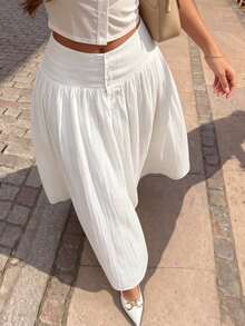 minisummer Woman Fall Elegant White Textured Maxi Skirt, High Waist Front Button Pleated Flowy A-Line Long Swing Skirt For Daily Holiday - White - View 2