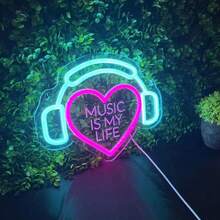 Music Is My Life 耳機愛心 LED 霓虹燈牌,創意音樂金句霓虹燈,USB 供電壁掛裝飾燈,適用於臥室、遊戲室、音樂工作室、酒吧、咖啡廳,音樂愛好者的理想新穎禮物,室內派對與節慶裝飾 - Music Is My Life - 查看 5